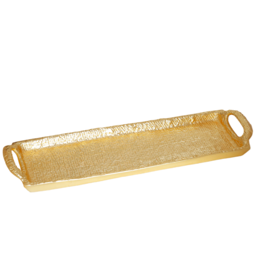 gold oblong serving tray, textured metal tray with handles, Classic Touch Decor tray, elegant gold decorative tray, narrow tray centerpiece, gold vanity tray, metallic tray for entertaining, slim gold tray, glam tabletop decor, 14 inch gold tray