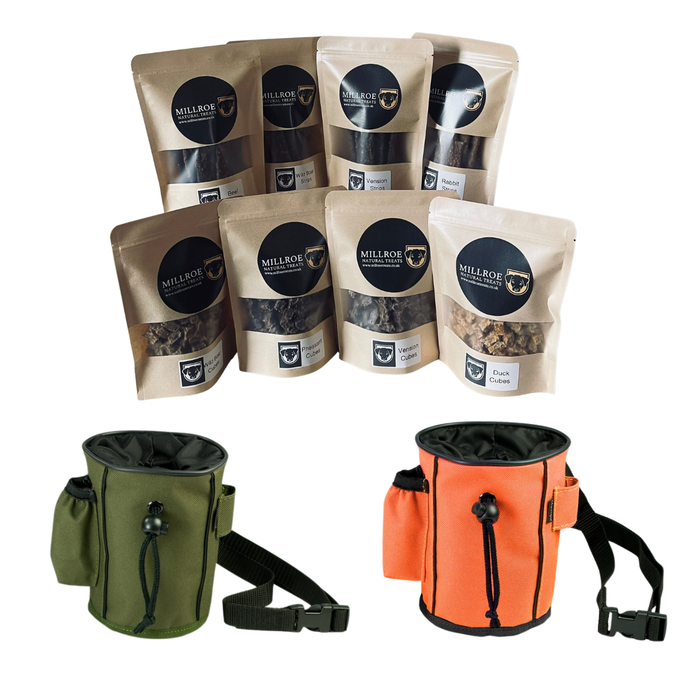 Set of Millroe tea packages and two treat bags on a white background