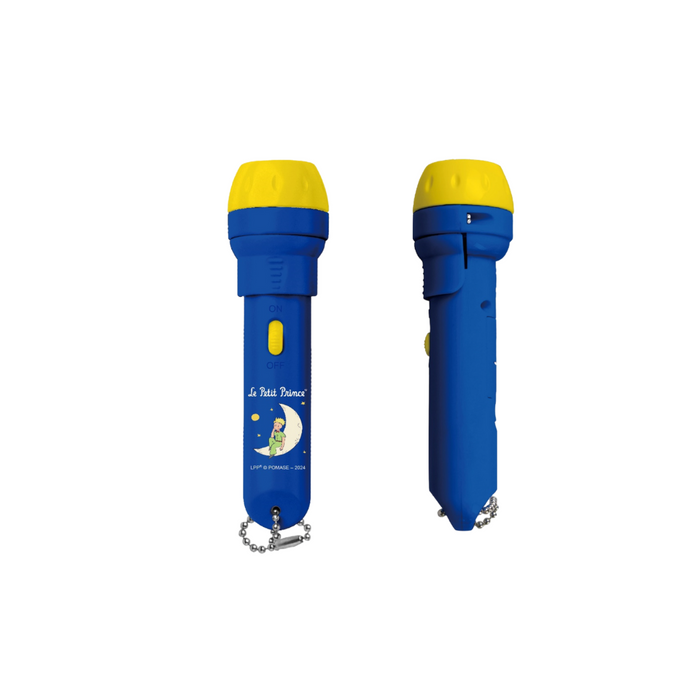 Two blue and yellow flashlight-shaped keychains shown on a plain white background, with one front view and one side view. The front features a yellow top, a blue body with a small printed cartoon and text, and a silver keychain chain.