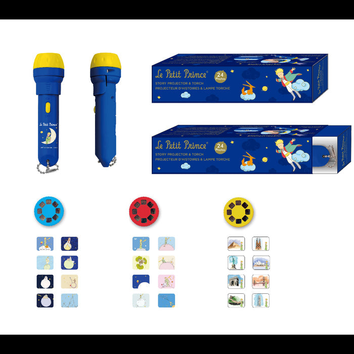 A children's toy set shown on a white background: blue handheld projector with yellow top, blue box labeled 'Le Petit Prince' with illustrations, three round color discs in blue, red, and yellow.