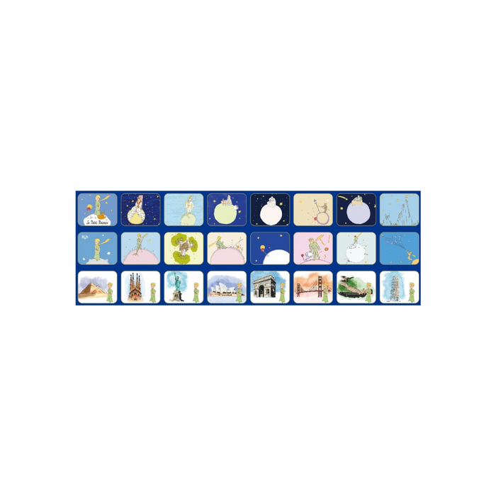 A grid of small illustrated panels with planets, stars, moons, and landscape scenes on a dark blue background.