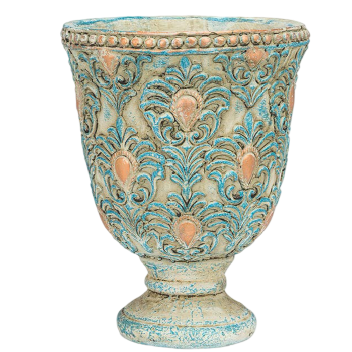 turquoise and gold planter,
stone pedestal plant pot,
elevated ceramic planter,
decorative raised stoneware planter,
bold colorful plant holder,