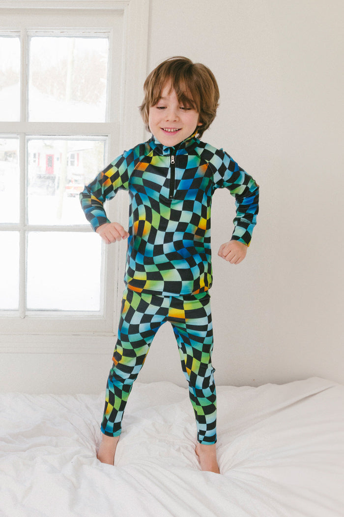 Two Piece Thermal Underwear Blue Checkered Print-1