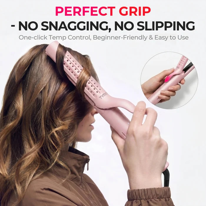 TYMO AIRFLOW curling iron with no-snag grip, beginner-friendly one-click temp control for smooth styling
