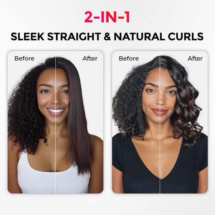 Before and after comparison of hair straightening and curling product on a 3c/4c hair.