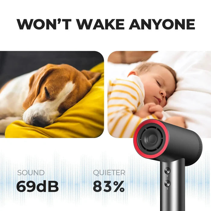 TYMO AIRHYPE quiet hair dryer, a dyson alternative hair dryer producing low 69dB noise for gentle, sleep-friendly drying.