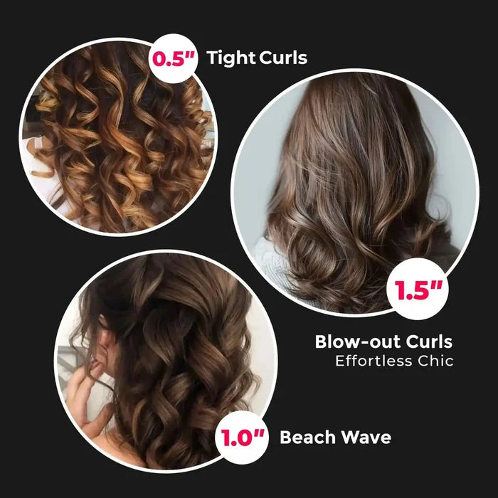 TYMO CUES interchangeable curling wand creates tight curls, soft beach waves, and voluminous blow-out curls.