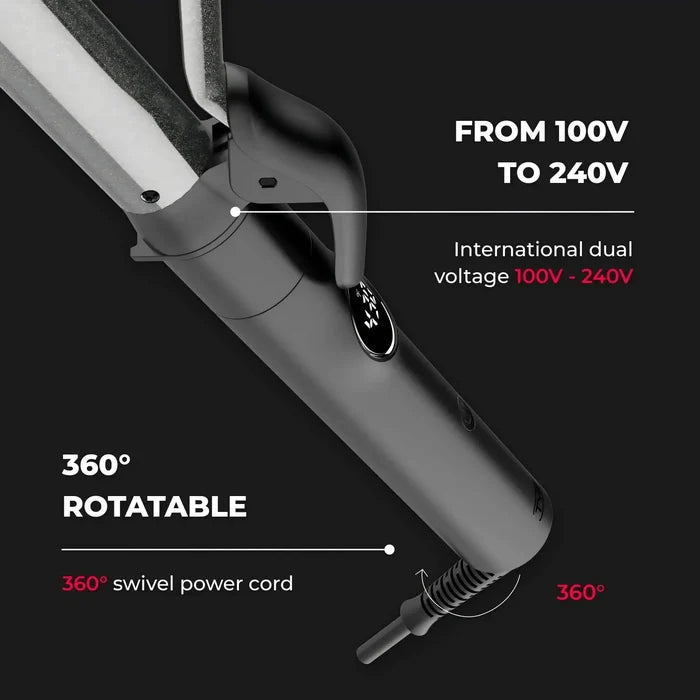 Travel-friendly TYMO CUES hair wand for long hair features dual voltage and a tangle-free 360° swivel cord.