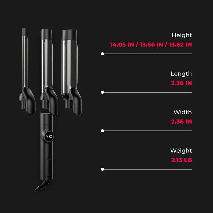 Versatile TYMO CUES 3-in-1 curly hair tools featuring three different barrel sizes for various curl types.