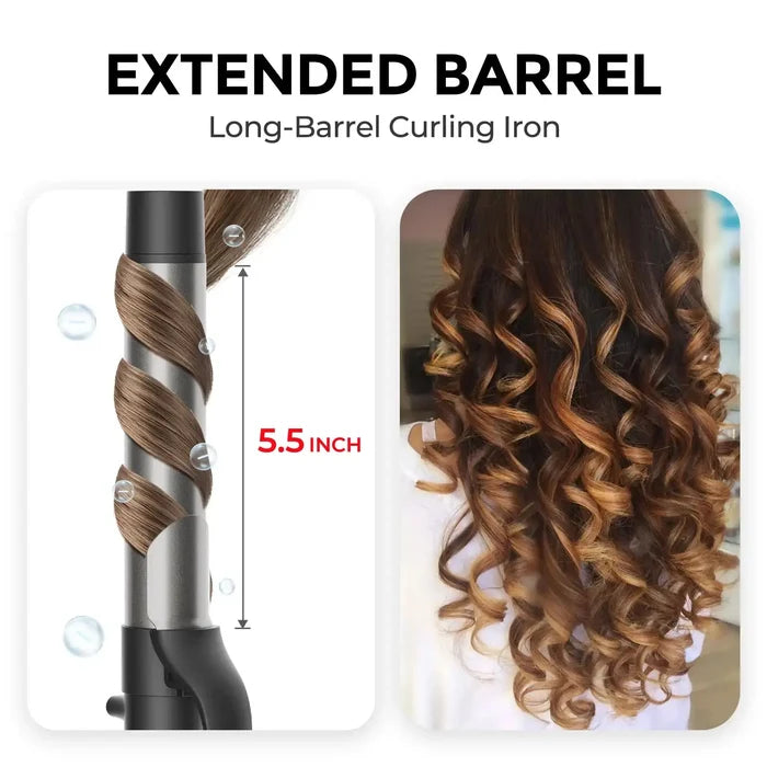 The 5.5-inch extended barrel of the TYMO ROTA 1 inch ionic curling iron for long waves.