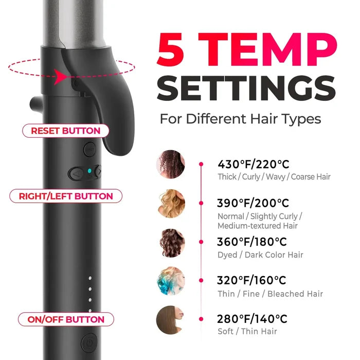 TYMO ROTA automatic rotating iron offers 5 temperature settings for all hair types.