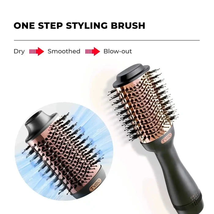 TYMO VOLUMIZER rotating hair dryer brush delivers dry, smoothed, and blow-out results.