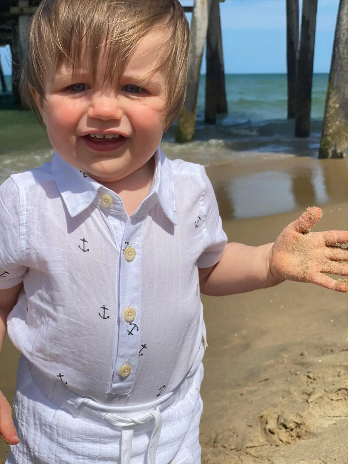 Vintage anchor print white short sleeved woven onesie | Me & Henry - Me & Henry