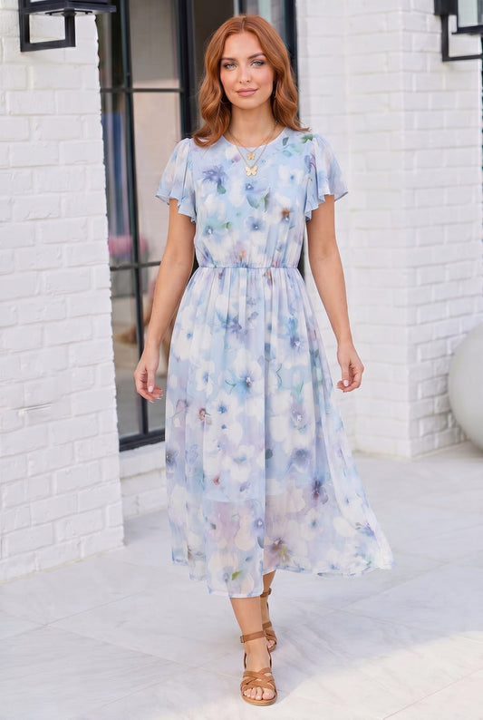 Watercolor Garden Flutter Sleeve Midi Dress