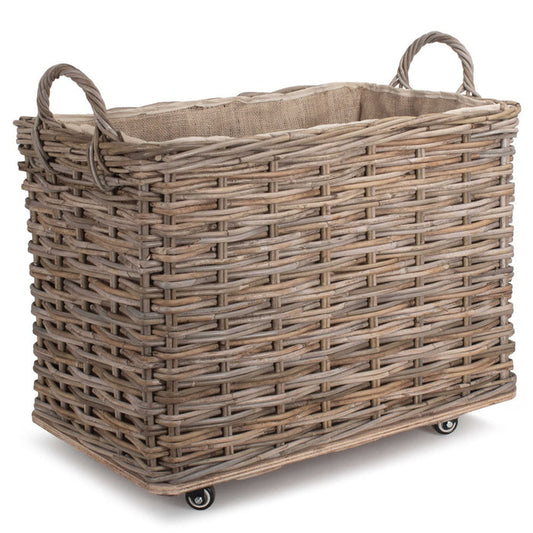 Wheeled Hessian Lined Rattan Log Basket