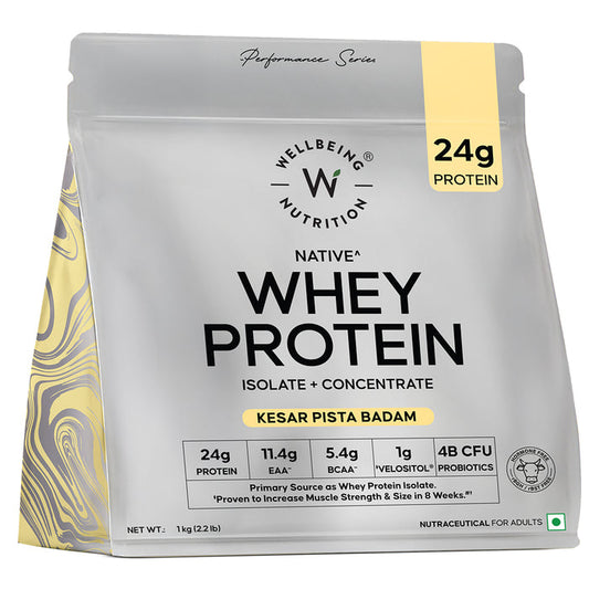 Whey Protein Isolate + Concentrate 24g | 1kg | 4B CFU Probiotics | Kesar Pista Badam