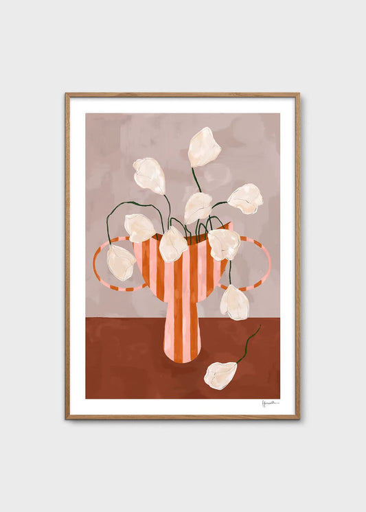 White Flowers in Striped Vase by Frankie Penwill