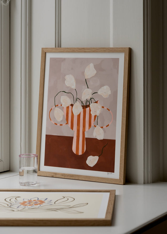 White Flowers in Striped Vase by Frankie Penwill