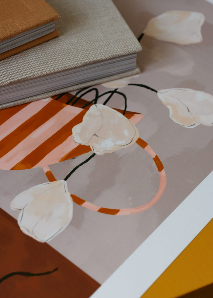 White Flowers in Striped Vase by Frankie Penwill