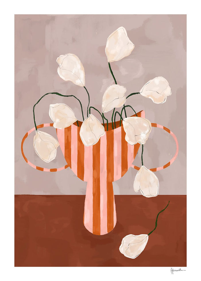 White Flowers in Striped Vase by Frankie Penwill