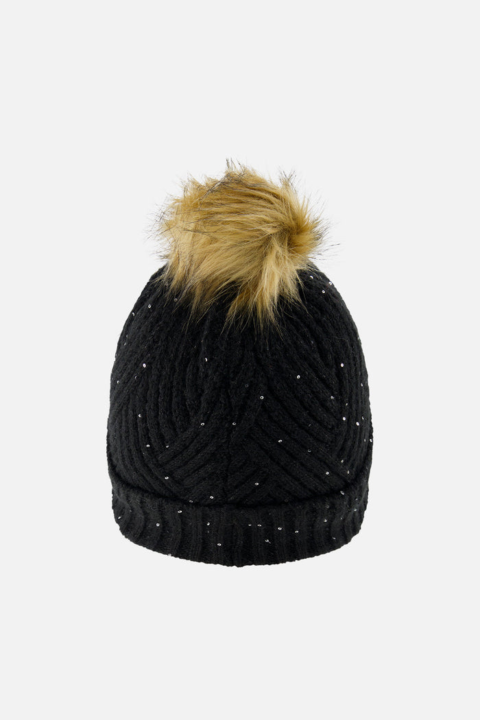 Winter Knit Hat With Pompom Black-2