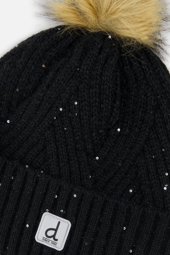 Winter Knit Hat With Pompom Black-3