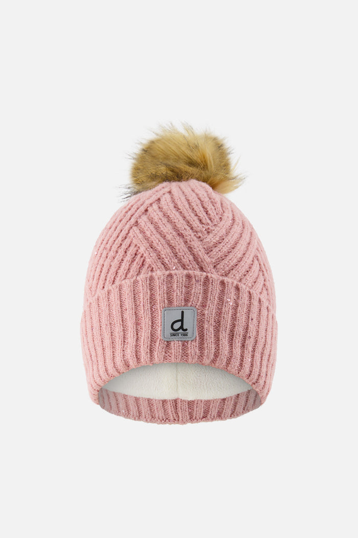 Winter Knit Hat With Pompom Pale Dusty Pink-0