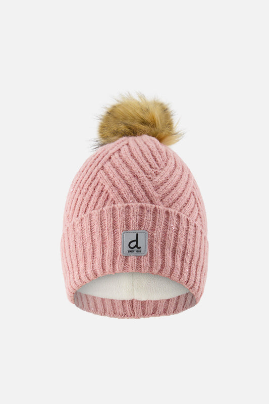Winter Knit Hat With Pompom Pale Dusty Pink-0