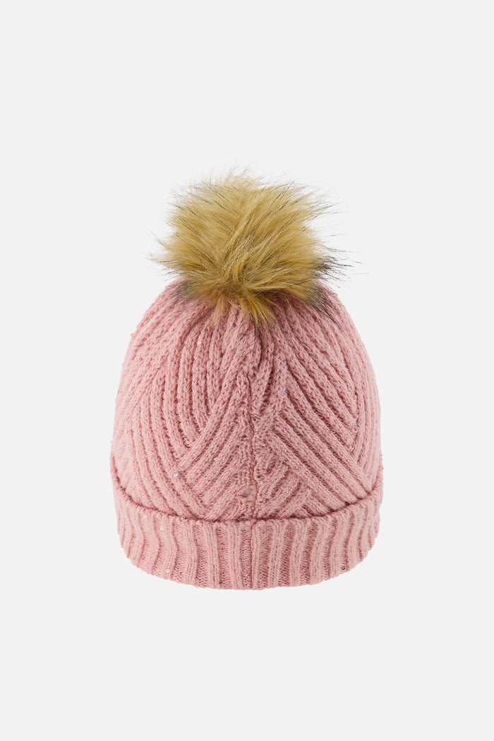Winter Knit Hat With Pompom Pale Dusty Pink-2