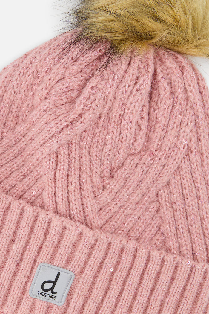 Winter Knit Hat With Pompom Pale Dusty Pink-3
