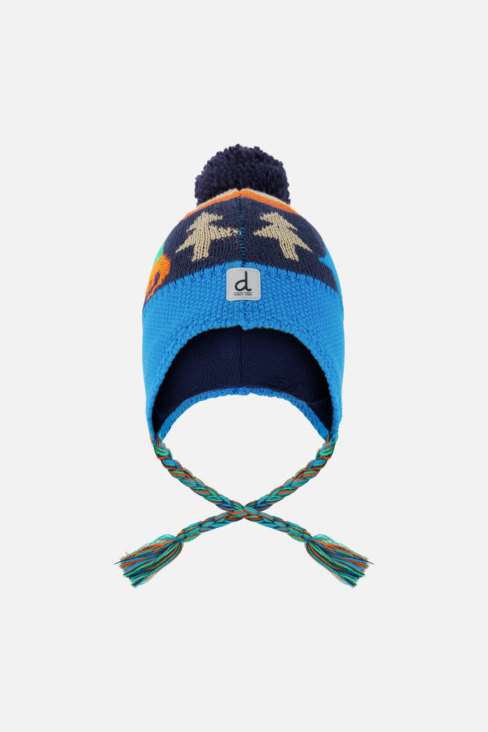 Winter Peruvian Knit Hat With Pompom Blue Dinosaur Print-0
