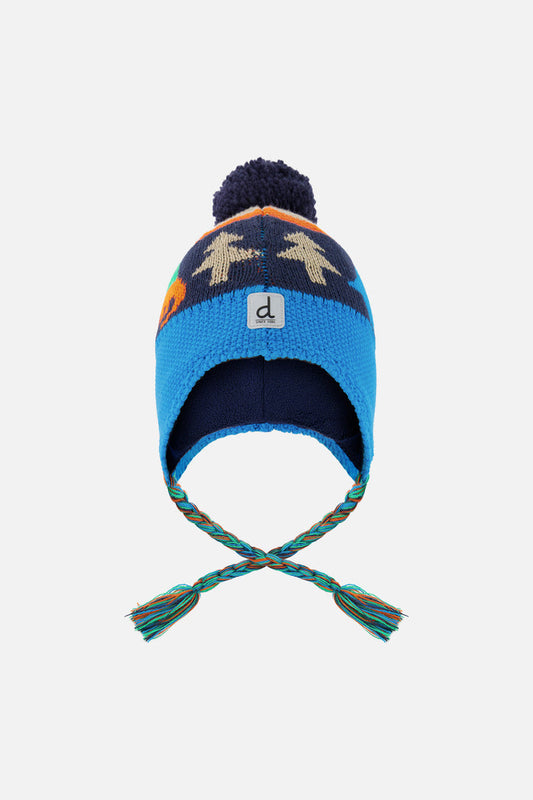 Winter Peruvian Knit Hat With Pompom Blue Dinosaur Print-0