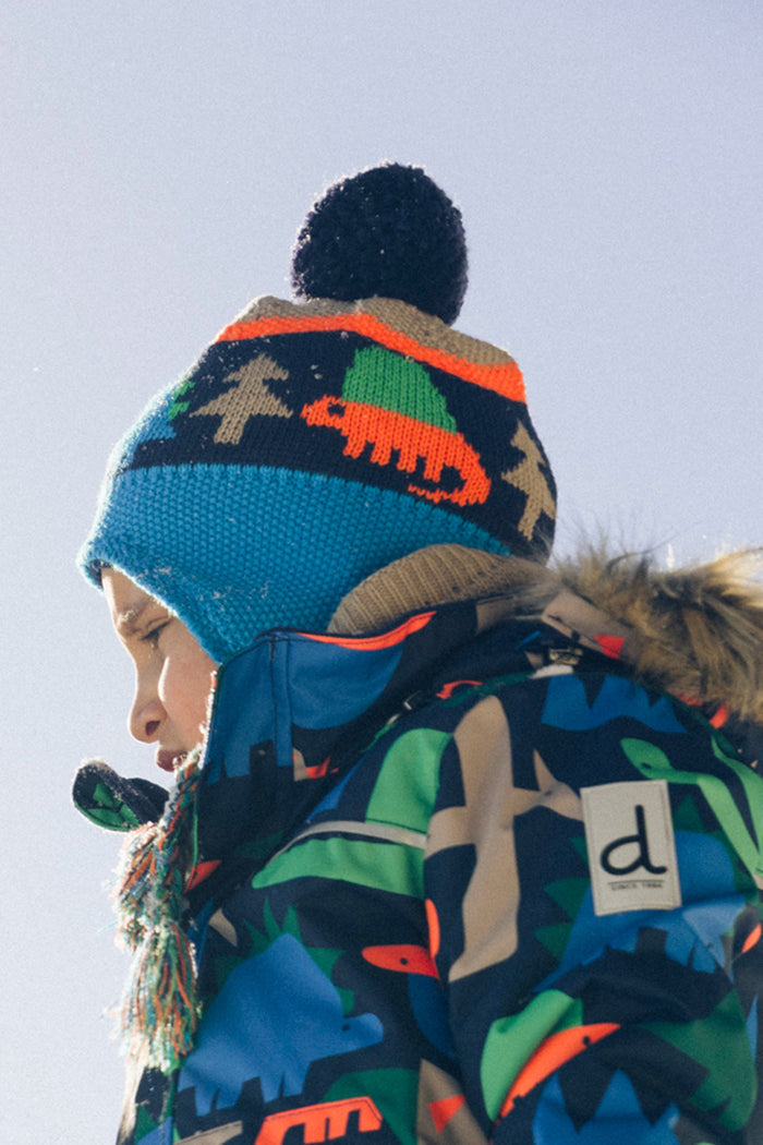 Winter Peruvian Knit Hat With Pompom Blue Dinosaur Print-1