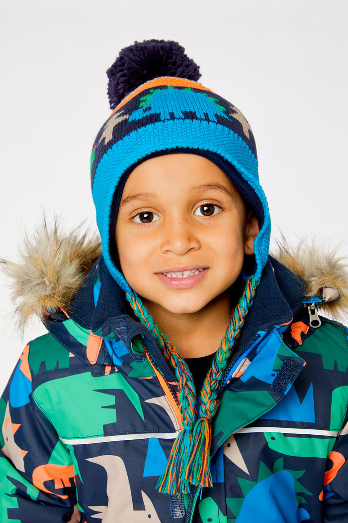 Winter Peruvian Knit Hat With Pompom Blue Dinosaur Print-2