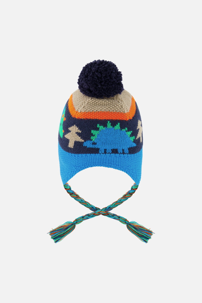 Winter Peruvian Knit Hat With Pompom Blue Dinosaur Print-3