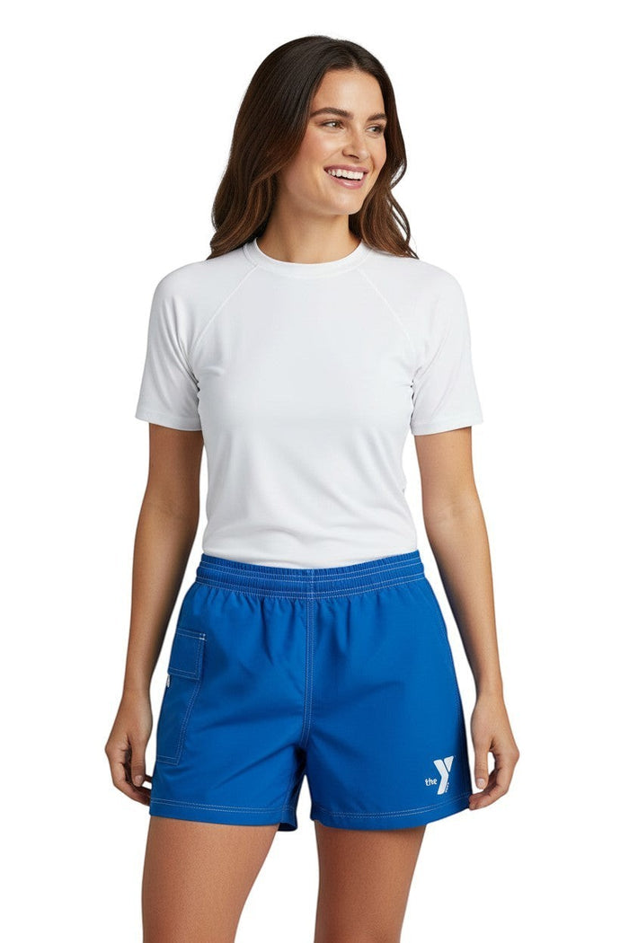 The Lifeguard Store blue polyester-spandex board shorts with elastic waistband, drawstring, and side pocket featuring YMCA logo.