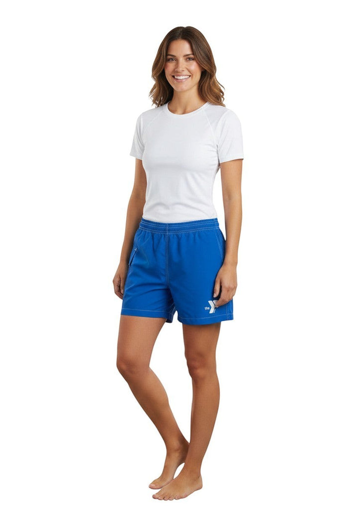 The Lifeguard Store blue polyester/spandex YMCA board shorts with elastic waistband, drawstring, and side pocket.