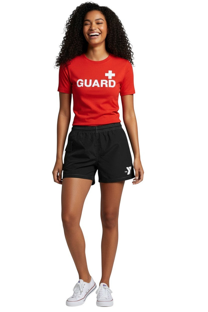 The Lifeguard Store black polyester-spandex board shorts with elastic waistband, drawstring, and side pocket featuring the YMCA logo.