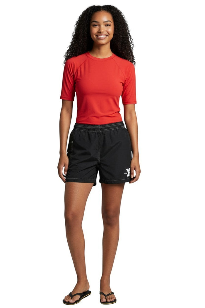 The Lifeguard Store YMCA black polyester spandex board shorts with side pocket and elastic waistband.