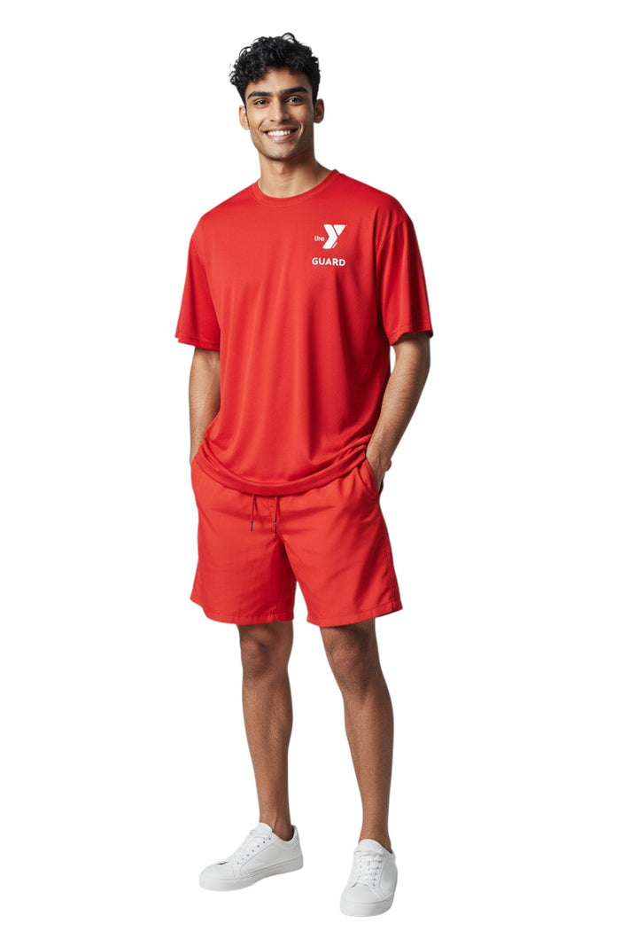 The Lifeguard Store red polyester Dri-Fit tee with white YMCA Guard logo on chest. Short sleeves, crew neck.
