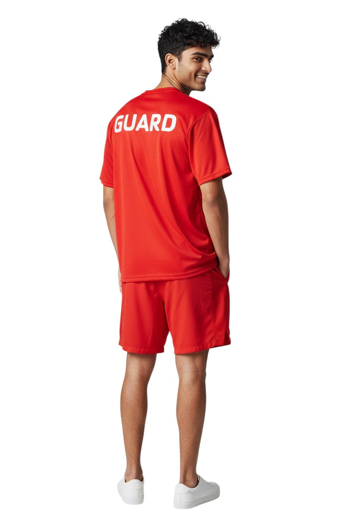 The Lifeguard Store red polyester Dri-Fit tee with white GUARD logo on back. Short sleeves, crew neck.