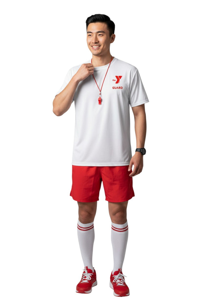 The Lifeguard Store white 100% polyester Dri-Fit tee with red YMCA Guard logo on left chest.