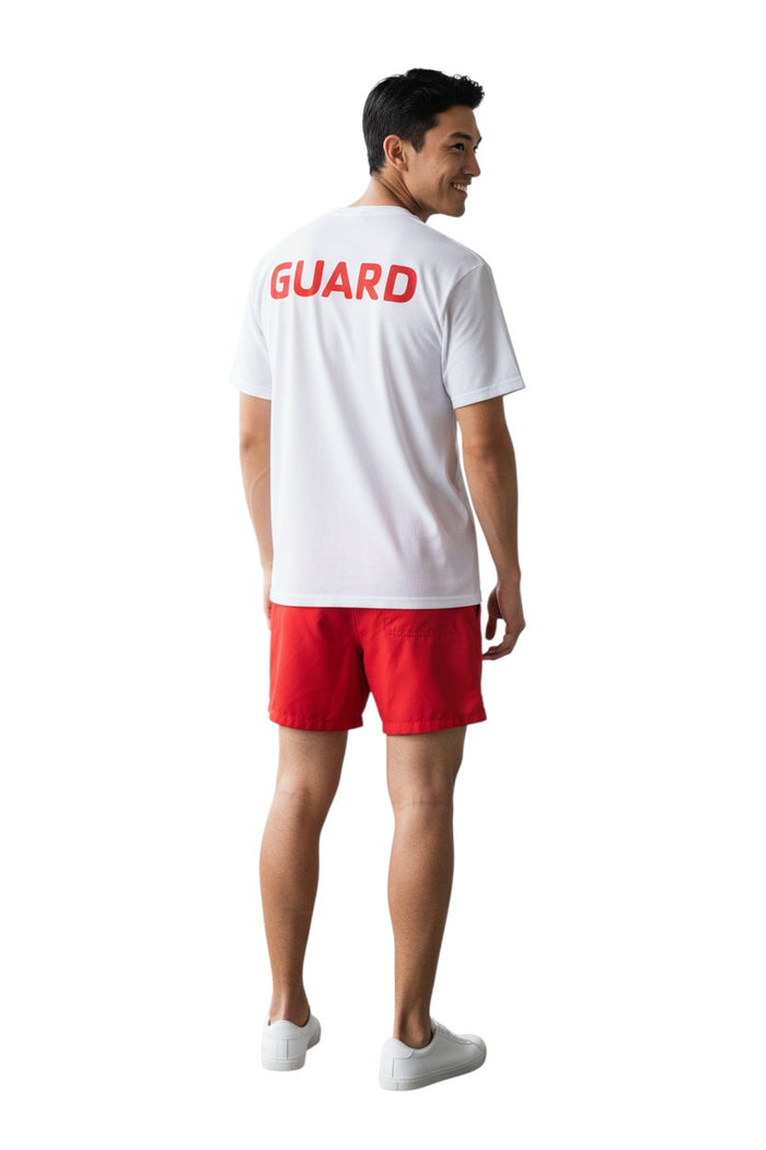 The Lifeguard Store white polyester Dri-Fit tee with red GUARD logo on back.
