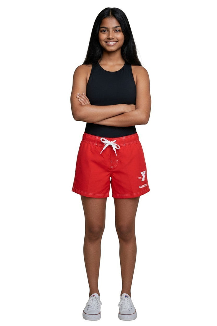 The Lifeguard Store red polyester swim shorts with 5" inseam, elastic waistband, drawstring, and YMCA Guard logo.