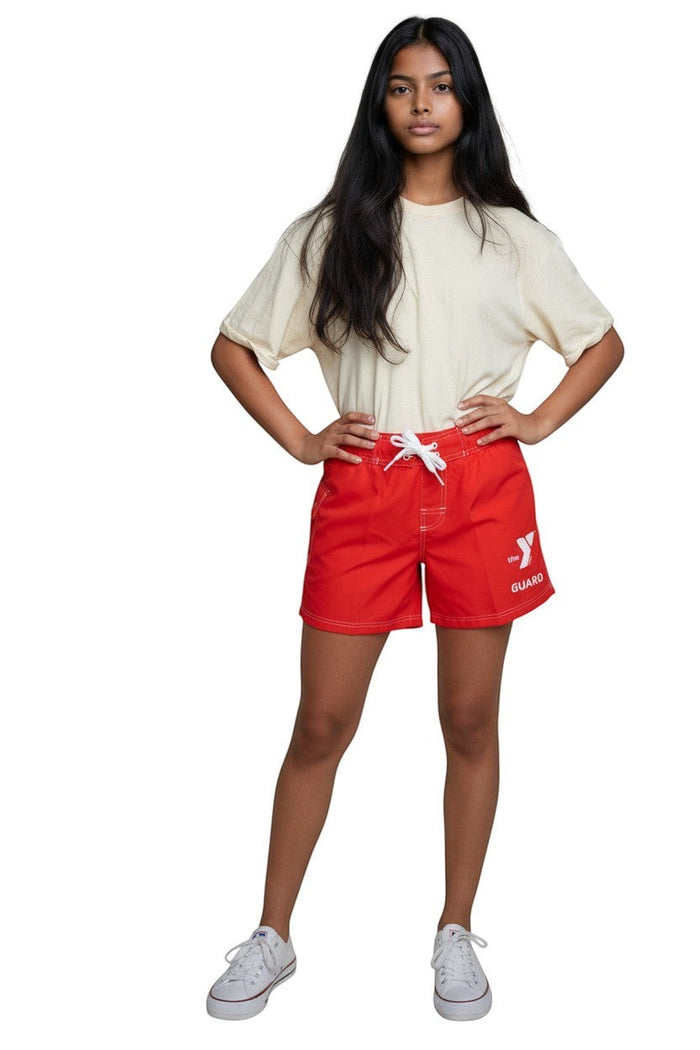 The Lifeguard Store red polyester swim shorts with 5" inseam, elastic waistband, drawstring, and YMCA Guard logo.