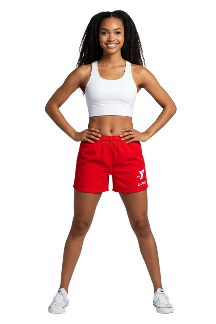The Lifeguard Store YMCA Guard red polyester-spandex board shorts with elastic waistband and side pocket.