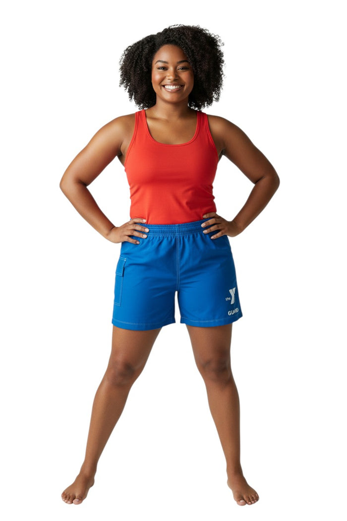 The Lifeguard Store blue polyester-spandex board shorts with elastic waistband, side pocket, and YMCA Guard logo.