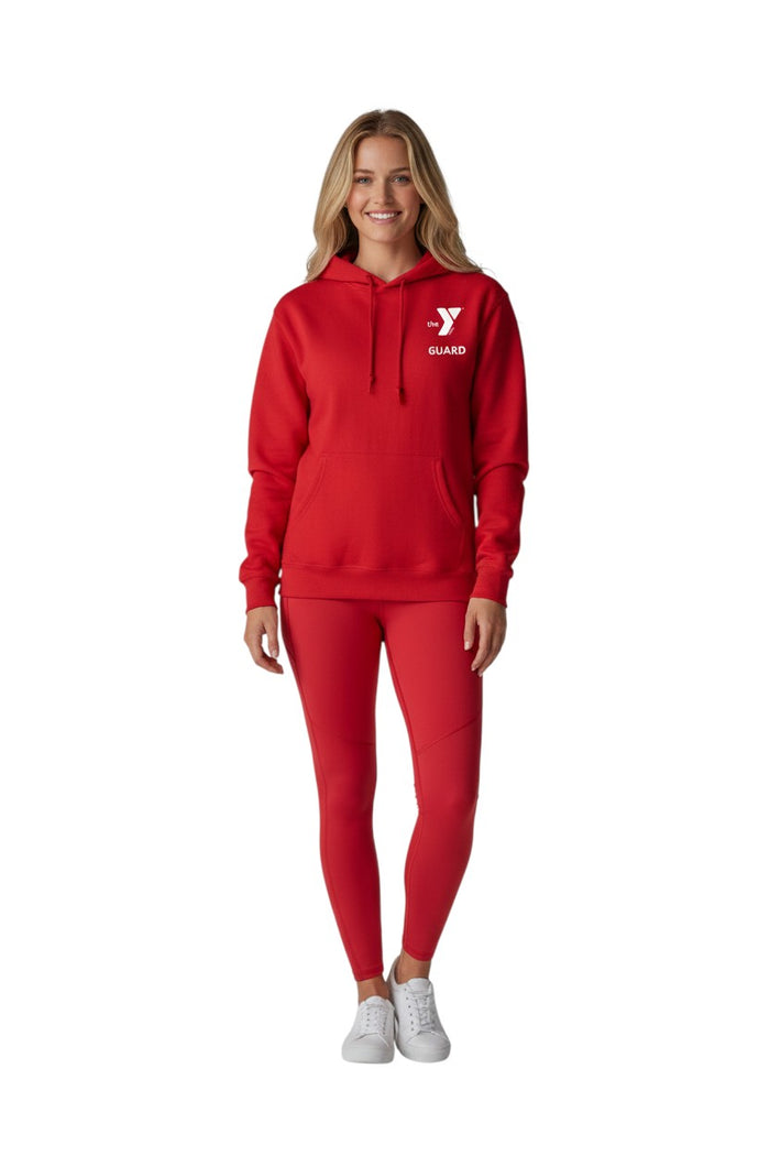 The Lifeguard Store red cotton-polyester blend YMCA Guard hooded sweatshirt with pouch pocket and drawstring.