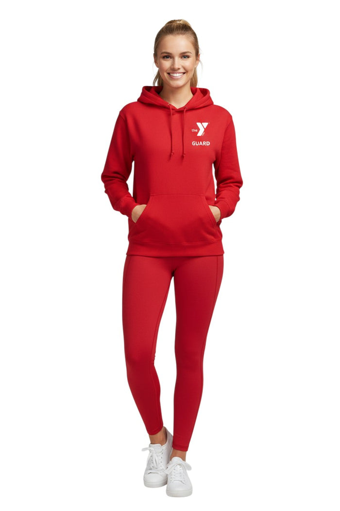 The Lifeguard Store red cotton-polyester blend YMCA Guard hooded sweatshirt with pouch pocket and drawstring.