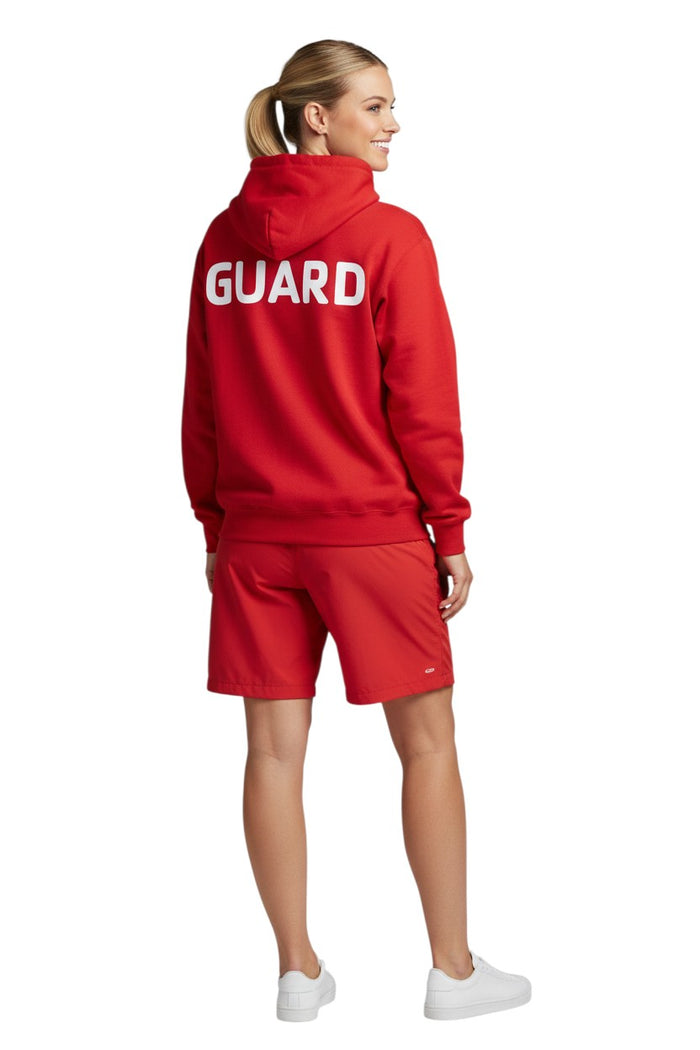 The Lifeguard Store red cotton-polyester blend hooded sweatshirt with "GUARD" printed on the back.